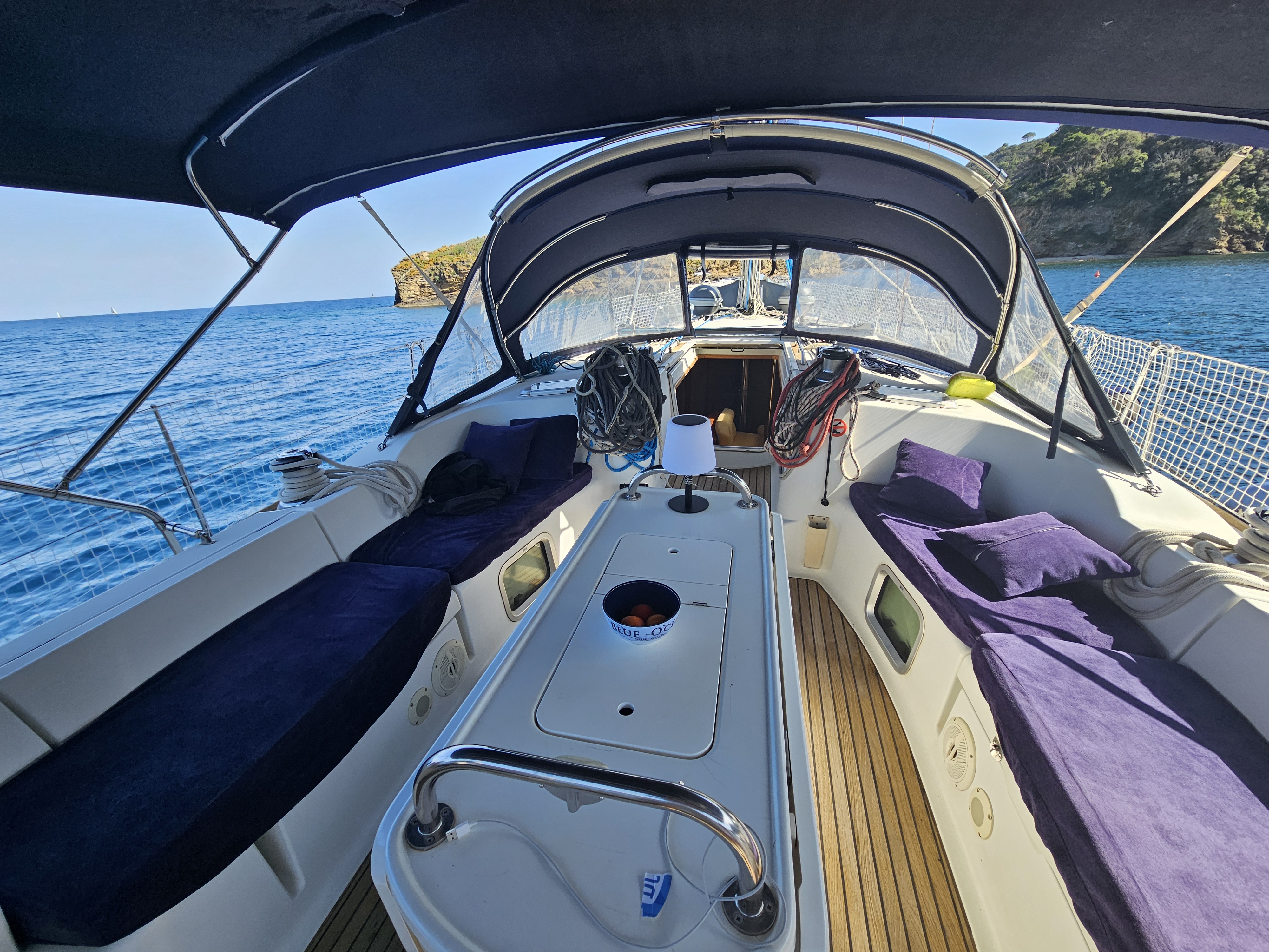 Interior view of sailing boat deck with comfortable seating